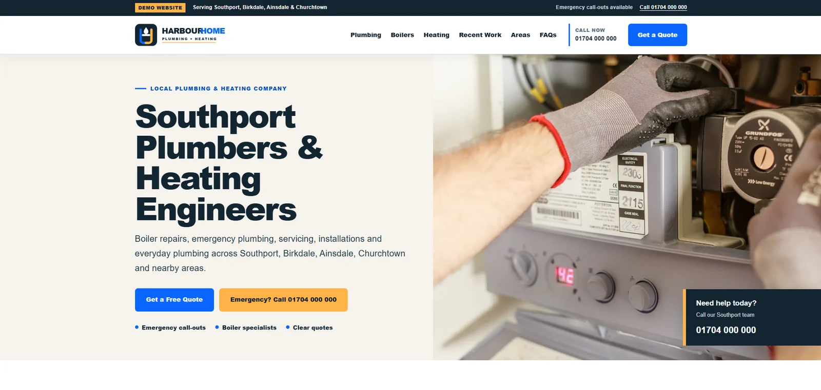 Southport plumber and heating engineer demonstration homepage